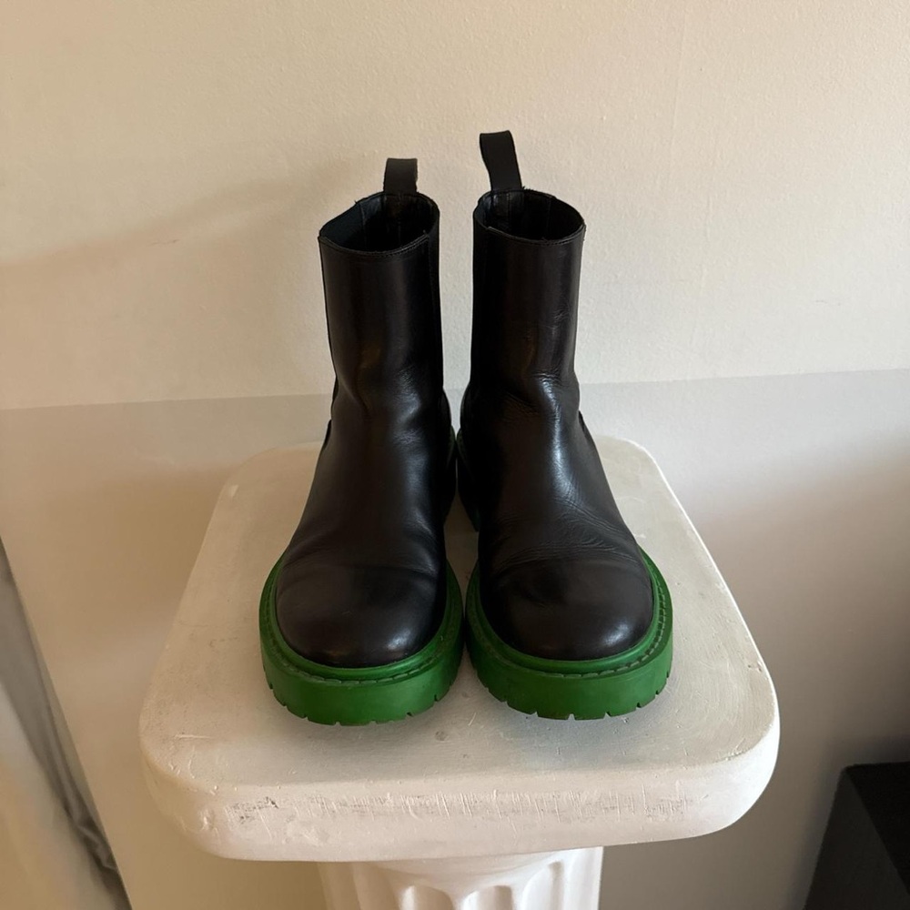 KENZO X H&M black leather moto boots with green soles